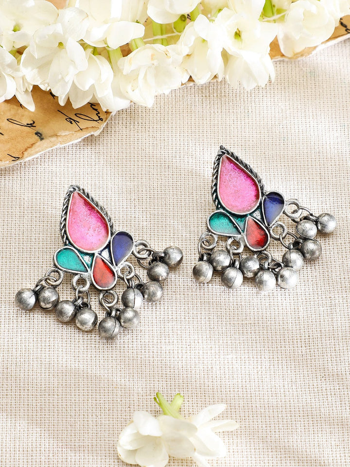 Rubans Silver Oxidised Necklace Set With Multicolour Enamel Jewellery Set