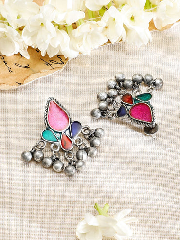 Rubans Silver Oxidised Necklace Set With Multicolour Enamel Jewellery Set