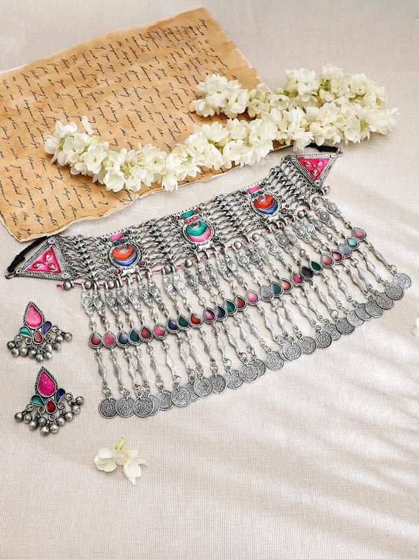 Rubans Silver Oxidised Necklace Set With Multicolour Enamel Jewellery Set