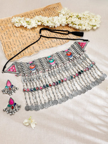 Rubans Silver Oxidised Necklace Set With Multicolour Enamel Jewellery Set