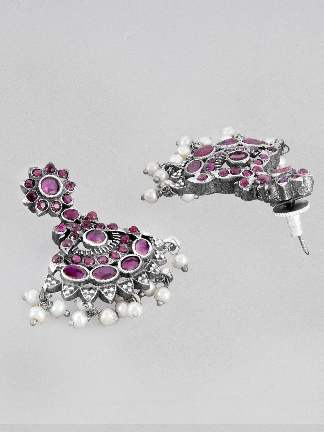 Rubans Silver Oxidised Necklace Set With Studded Pink Stones And White Beads. Necklace Set