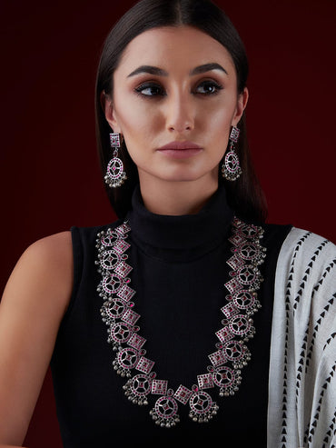 Rubans Silver Oxidised Necklace Set With Studded Pink Stones Necklaces, Necklace Sets, Chains & Mangalsutra