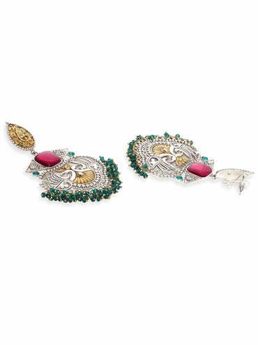Rubans Silver Oxidized & Gold Plated Ruby Studded Green Beaded Chandbali Earrings Earrings