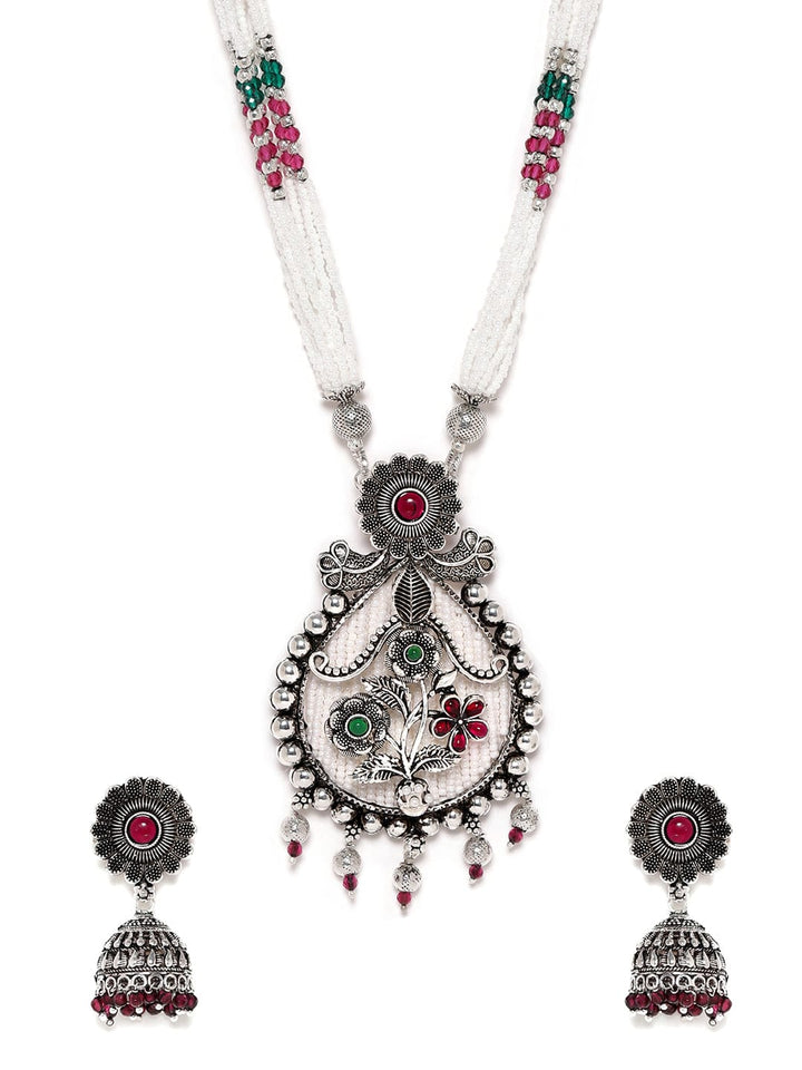 Rubans Silver Oxidized Pink & Green Pearl Beaded Necklace Set Jewellery Sets