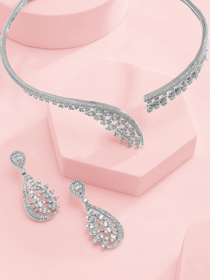 Rubans Silver-Plated AAA Cubic Zirconia Studded Leaf-Inspired Statement Choker Necklace Set Choker set