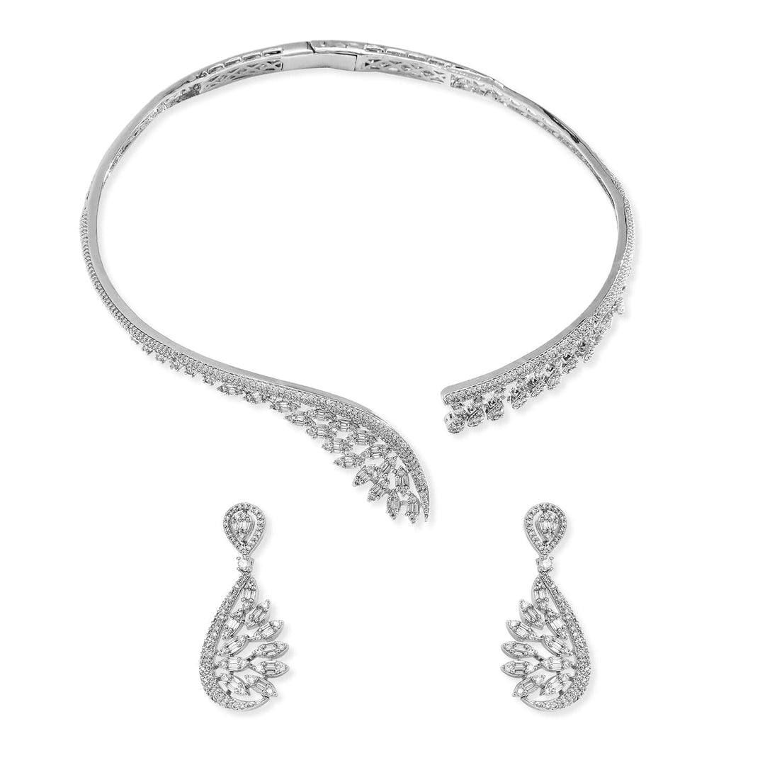 Rubans Silver-Plated AAA Cubic Zirconia Studded Leaf-Inspired Statement Choker Necklace Set Choker set