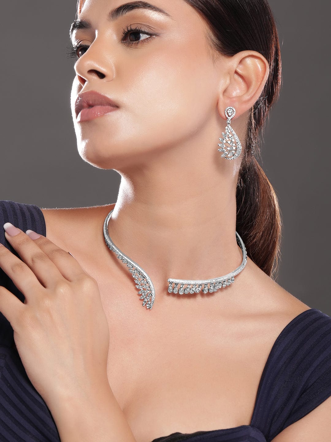 Rubans Silver-Plated AAA Cubic Zirconia Studded Leaf-Inspired Statement Choker Necklace Set Choker set