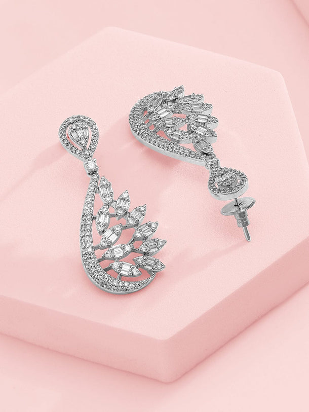 Rubans Silver-Plated AAA Cubic Zirconia Studded Leaf-Inspired Statement Choker Necklace Set Jewellery Set