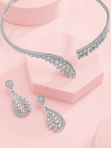 Rubans Silver-Plated AAA Cubic Zirconia Studded Leaf-Inspired Statement Choker Necklace Set Jewellery Set