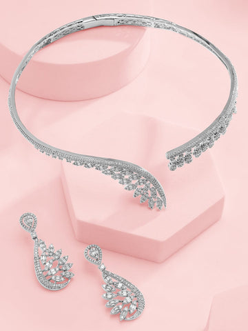 Rubans Silver-Plated AAA Cubic Zirconia Studded Leaf-Inspired Statement Choker Necklace Set Jewellery Set