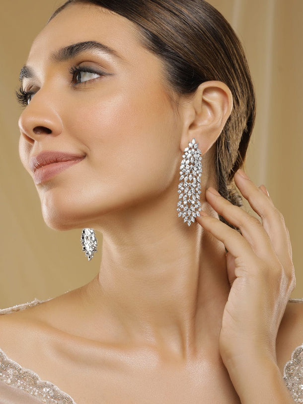 Rubans Silver-Plated AAA Cubic Zirconia Studded Premium Long Drop Earrings Earrings
