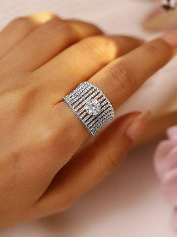 Rubans Silver-Plated AD & Cubic Zirconia Studded Concave Luxe Adjustable Finger Ring Finger Rings