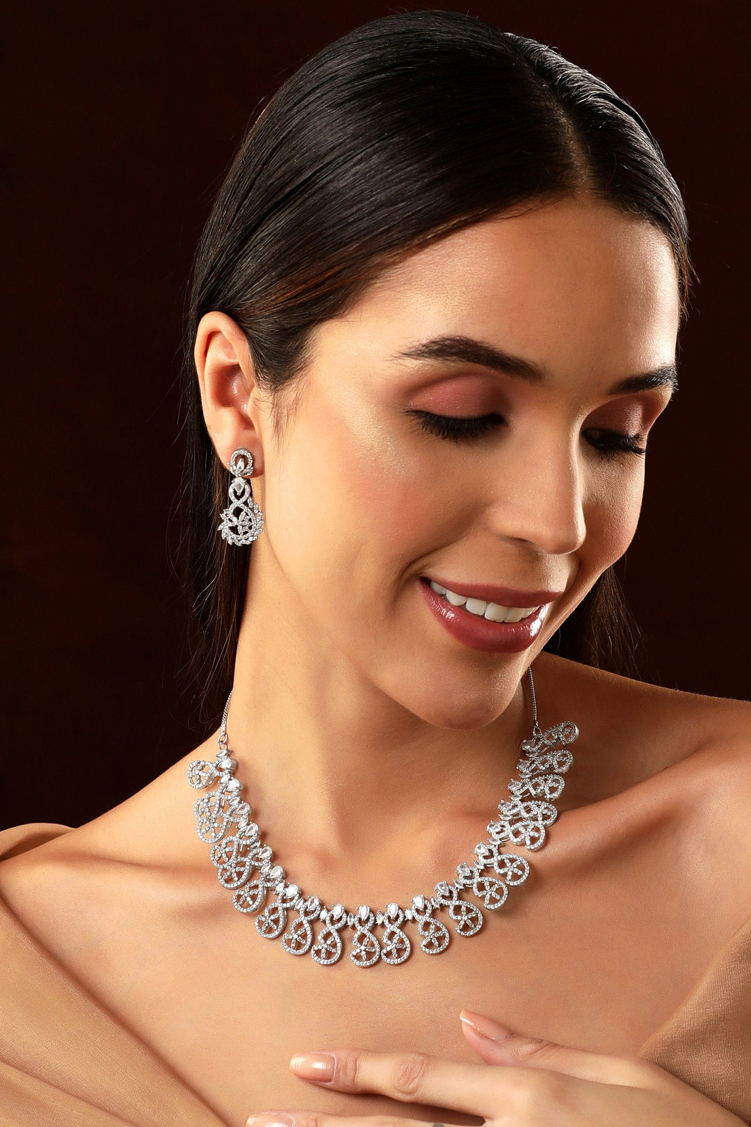 American Diamond Pink Bridal Necklace Set-silver Plated Cz 