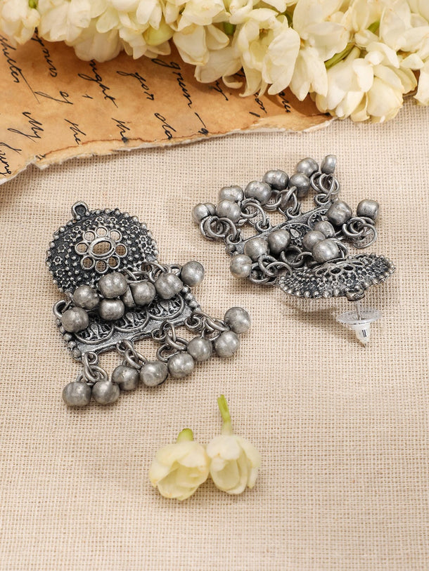 Rubans Silver-Plated Beaded Floral Engraved Oxidized Jewellery Set Jewellery Set