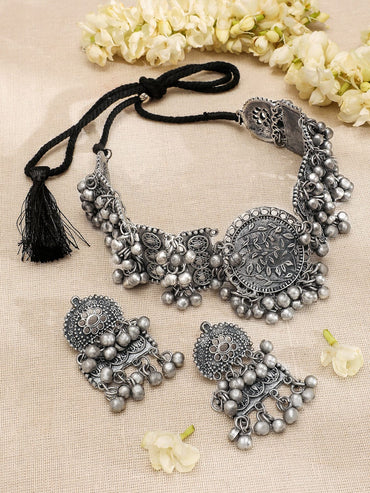 Rubans Silver-Plated Beaded Floral Engraved Oxidized Jewellery Set Jewellery Set
