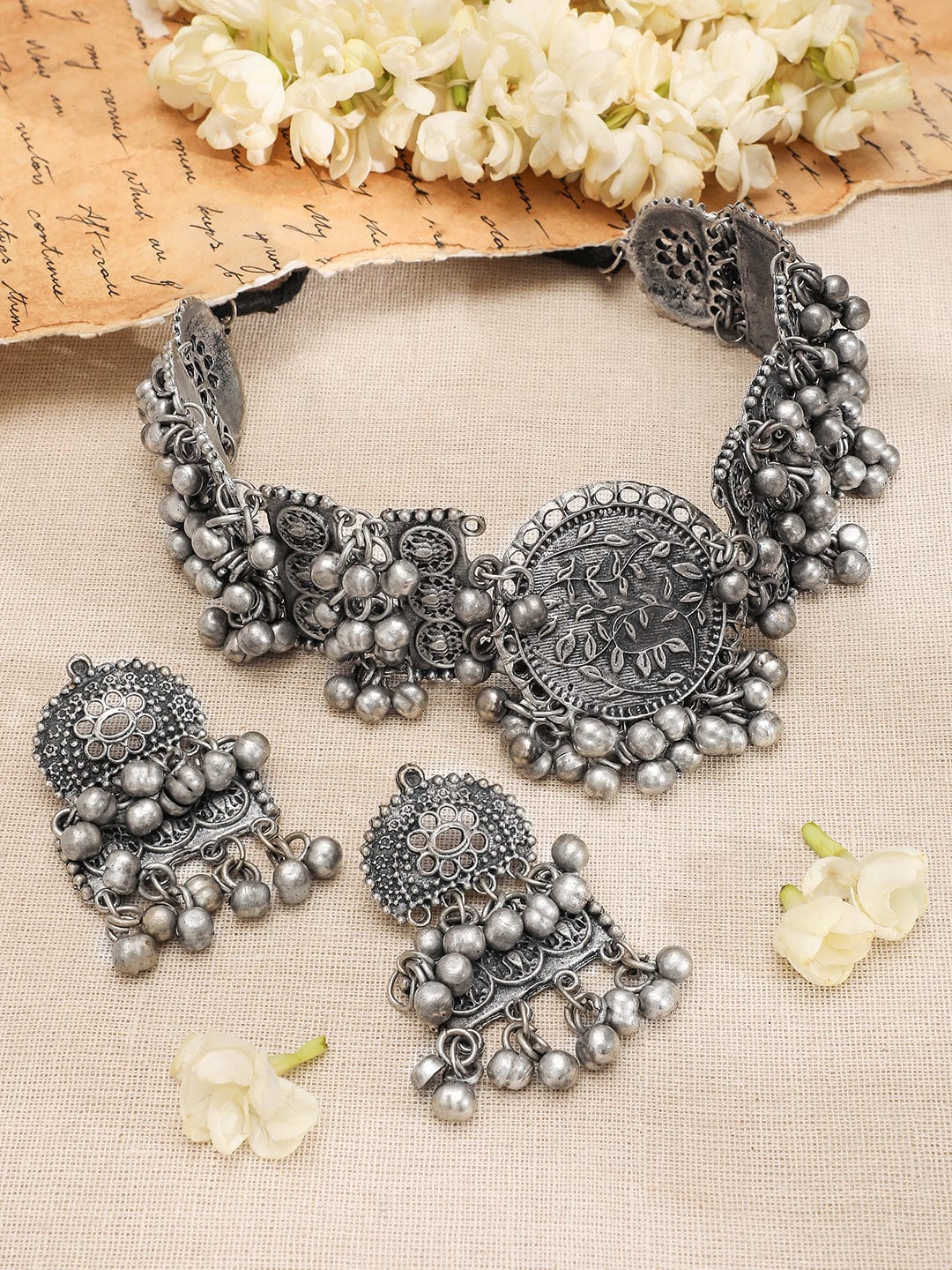 Rubans Silver-Plated Beaded Floral Engraved Oxidized Jewellery Set Necklace Set