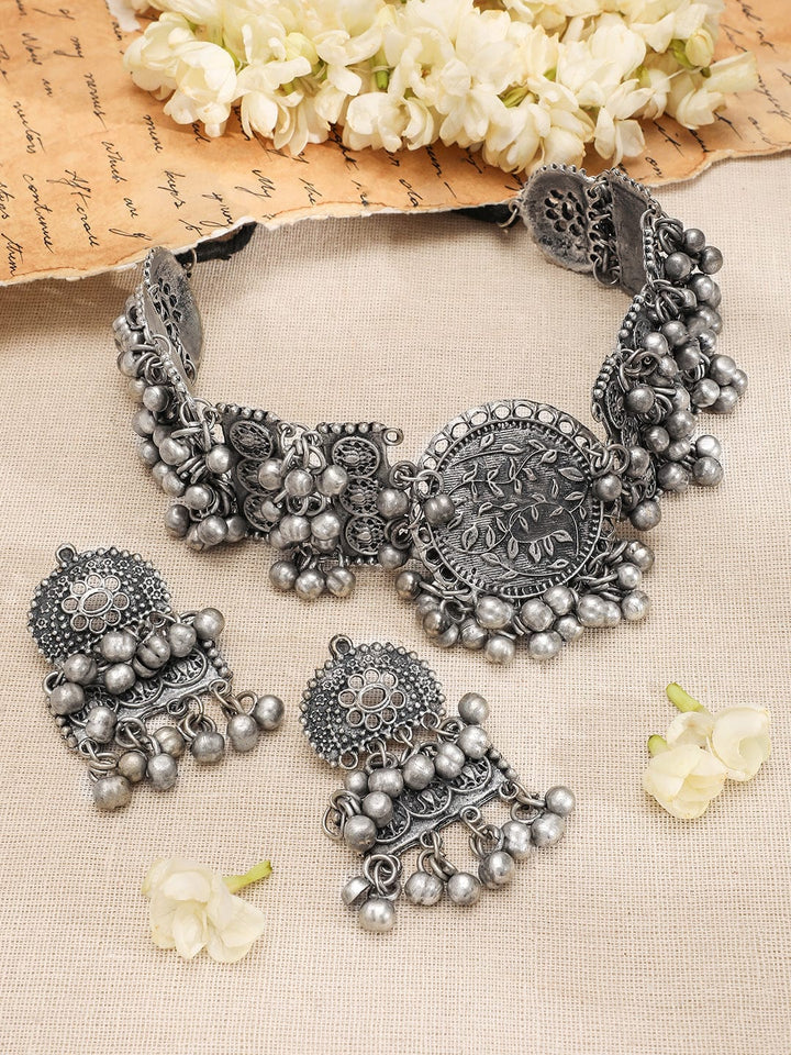 Rubans Silver-Plated Beaded Floral Engraved Oxidized Jewellery Set Necklace Set