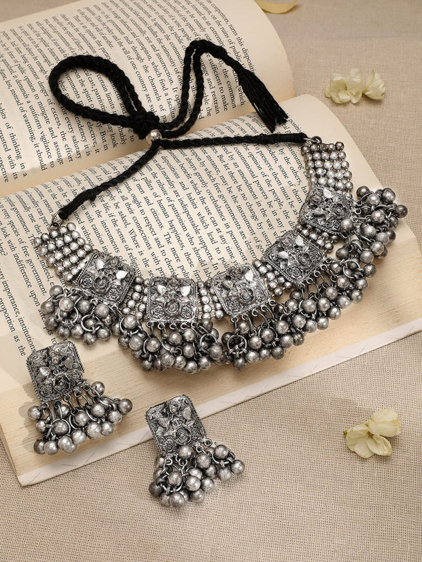 Rubans Silver-Plated Beaded-Studded Oxidized Jewellery Set Jewellery Set