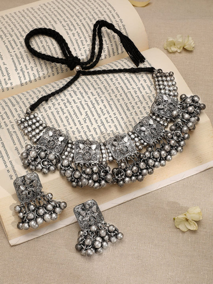 Rubans Silver-Plated Beaded-Studded Oxidized Jewellery Set Jewellery Set