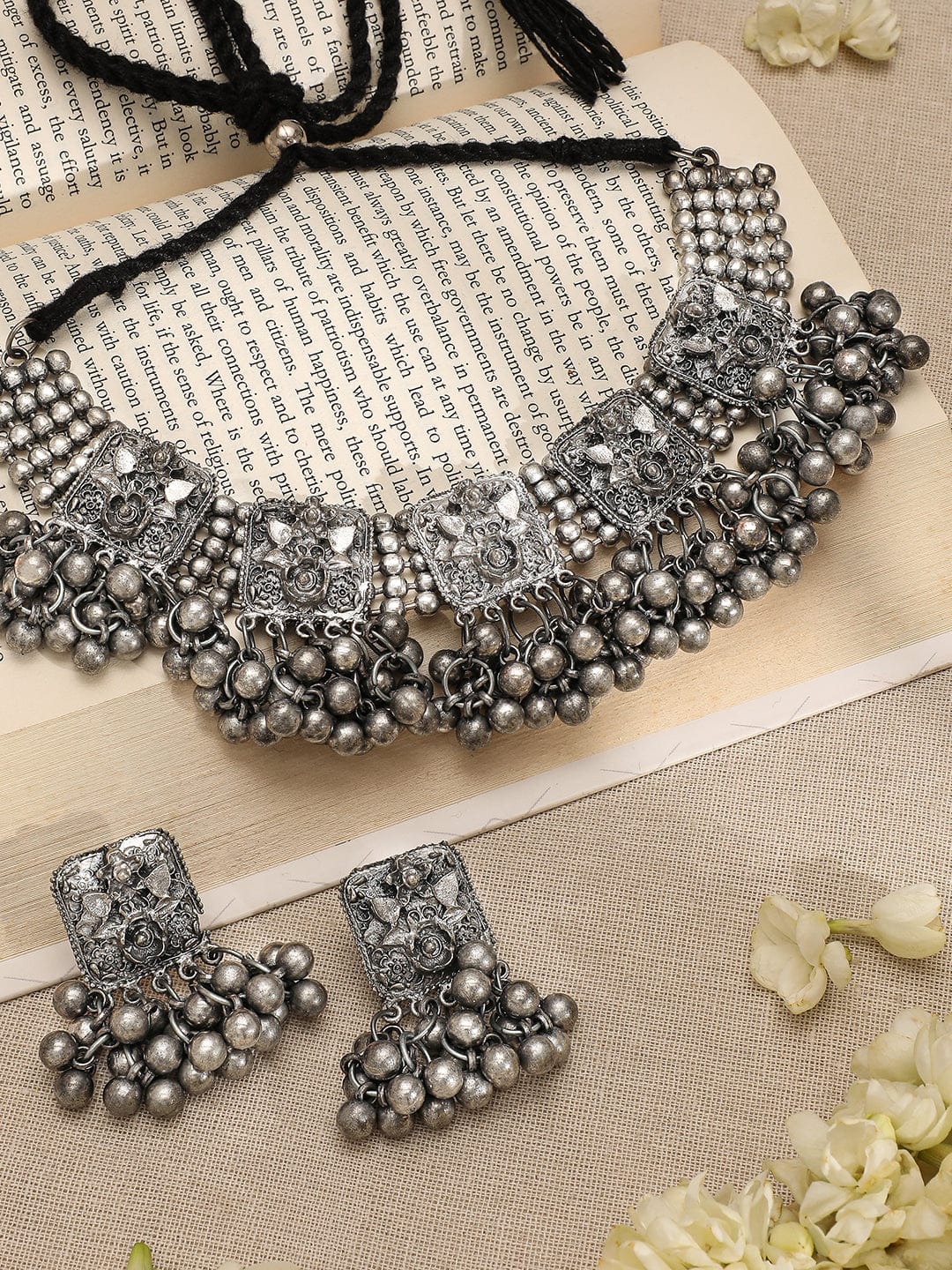 Rubans Silver-Plated Beaded-Studded Oxidized Jewellery Set Necklace Set