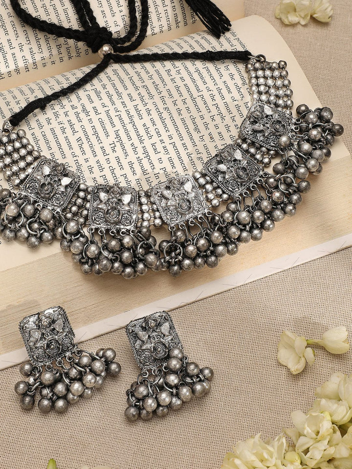 Rubans Silver-Plated Beaded-Studded Oxidized Jewellery Set Necklace Set