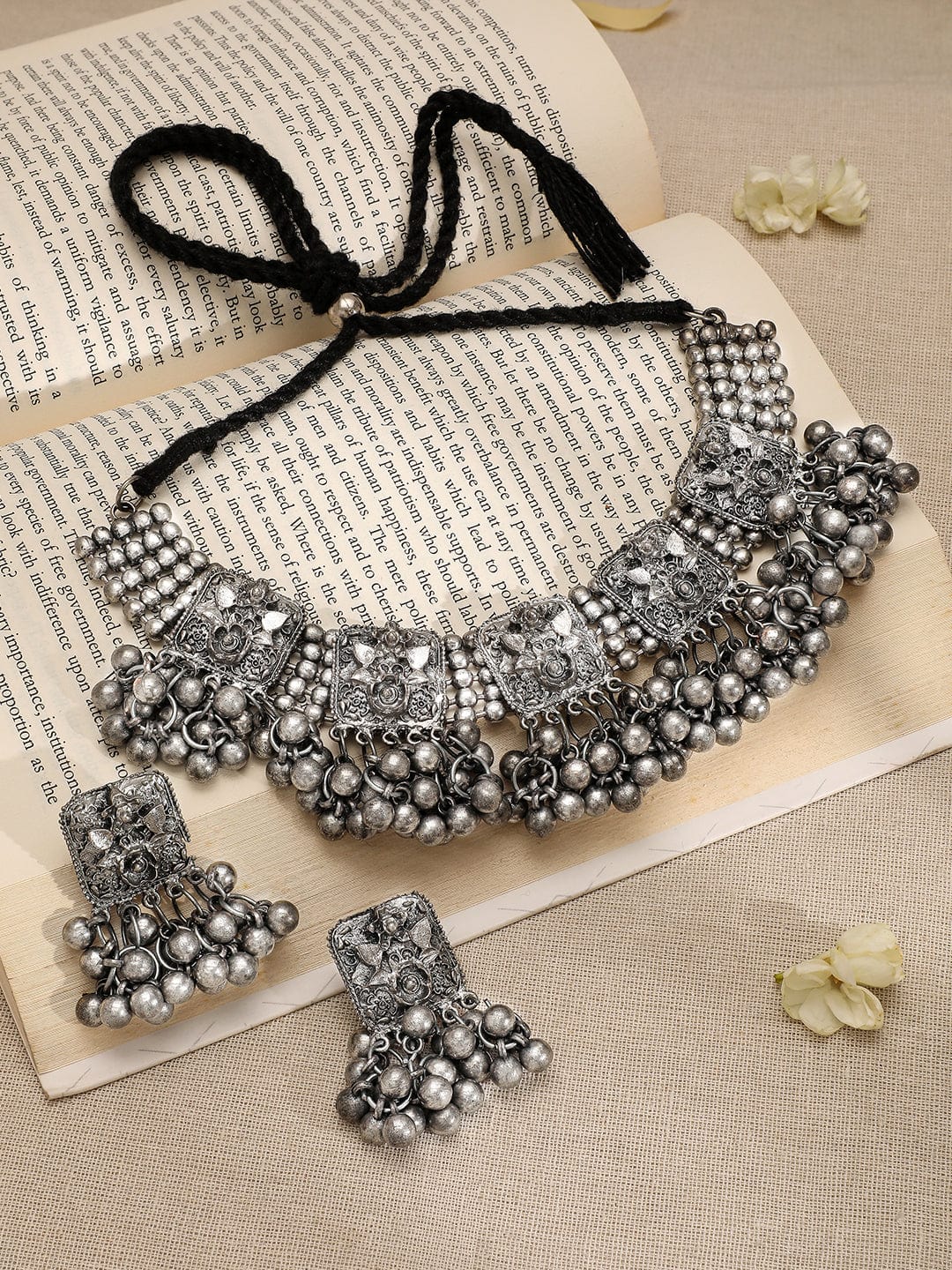 Rubans Silver-Plated Beaded-Studded Oxidized Jewellery Set Necklace Set