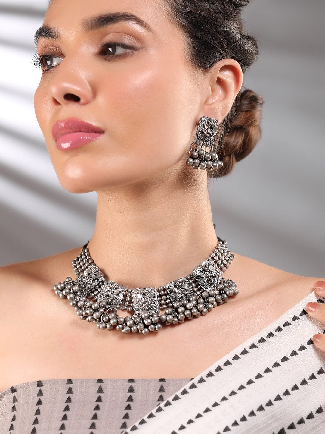 Rubans Silver-Plated Beaded-Studded Oxidized Jewellery Set Necklace Set