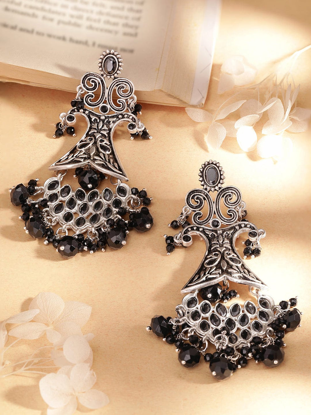 Rubans Silver Plated Black Stone Studded Earrings With Black Beads Earrings