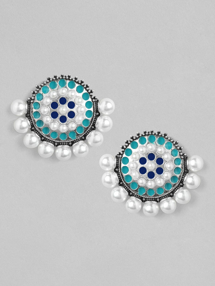 Rubans Silver Plated Blue Enamel Handpainted Floral Inspired with Pearls Stud Earrings Earrings