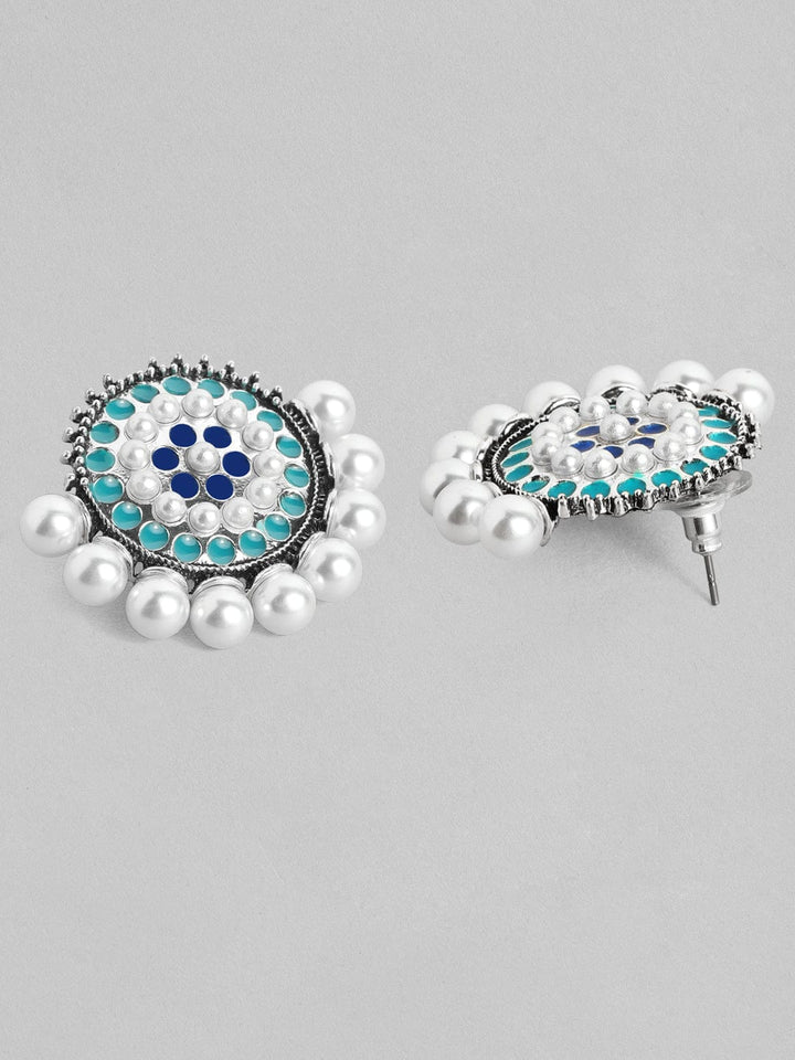 Rubans Silver Plated Blue Enamel Handpainted Floral Inspired with Pearls Stud Earrings Earrings