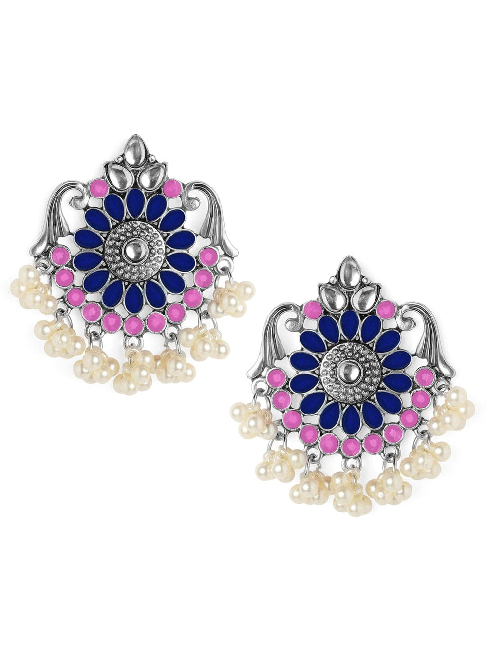 Rubans Silver Plated Blue Enamel Handpainted Floral Inspired with Pearls Stud Earrings Earrings