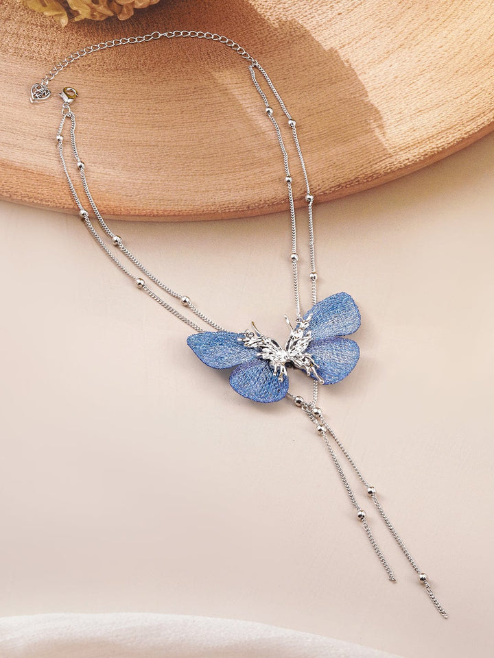 Rubans Silver-Plated Butterfly Pendant Necklace with Blue Accents and Multi-Layered Chains Chain & Necklace