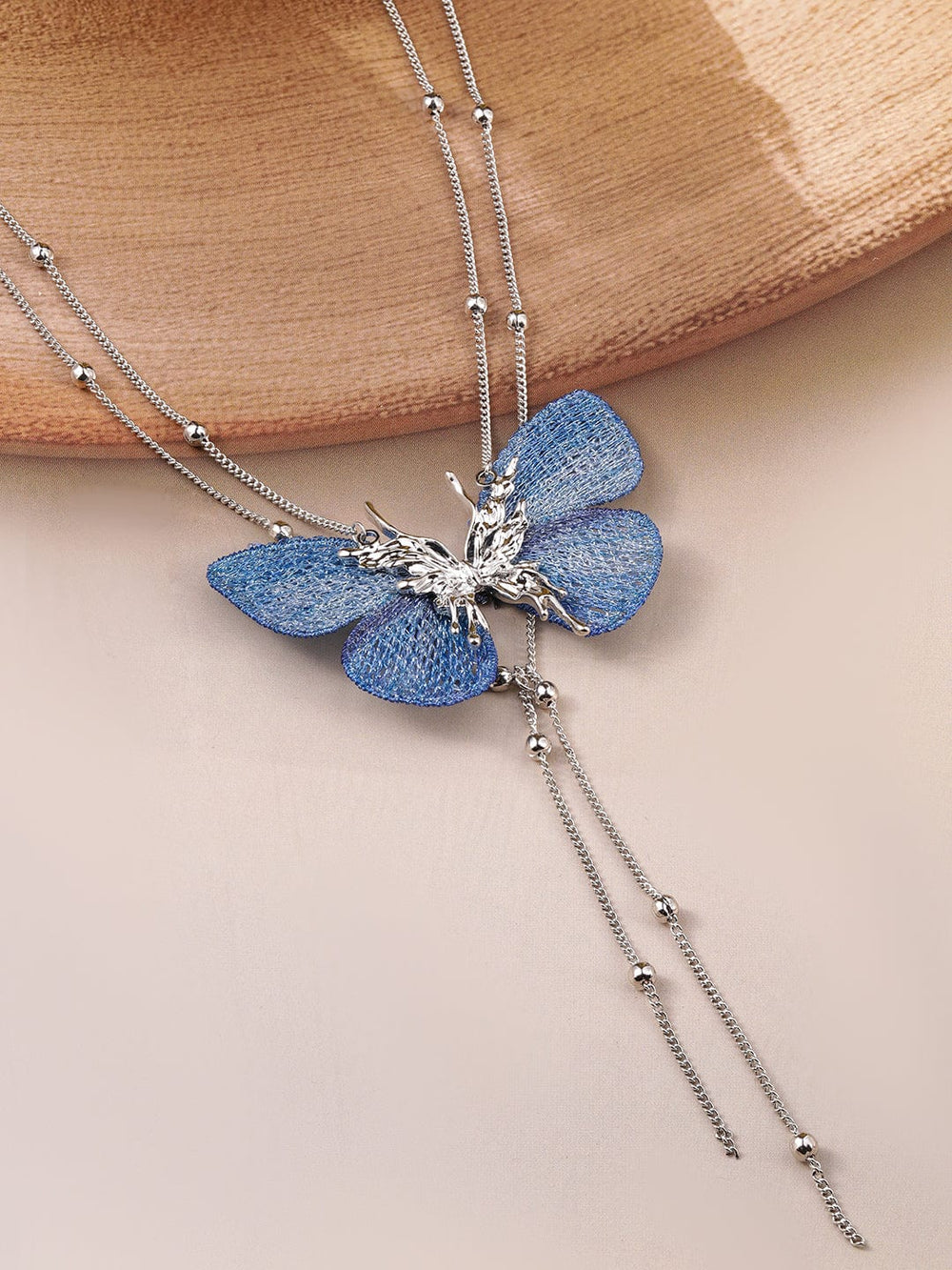 Rubans Silver-Plated Butterfly Pendant Necklace with Blue Accents and Multi-Layered Chains Chain & Necklace