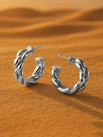 Rubans Silver-Plated Chunky Twisted Half Hoop Earrings Hoop Earrings