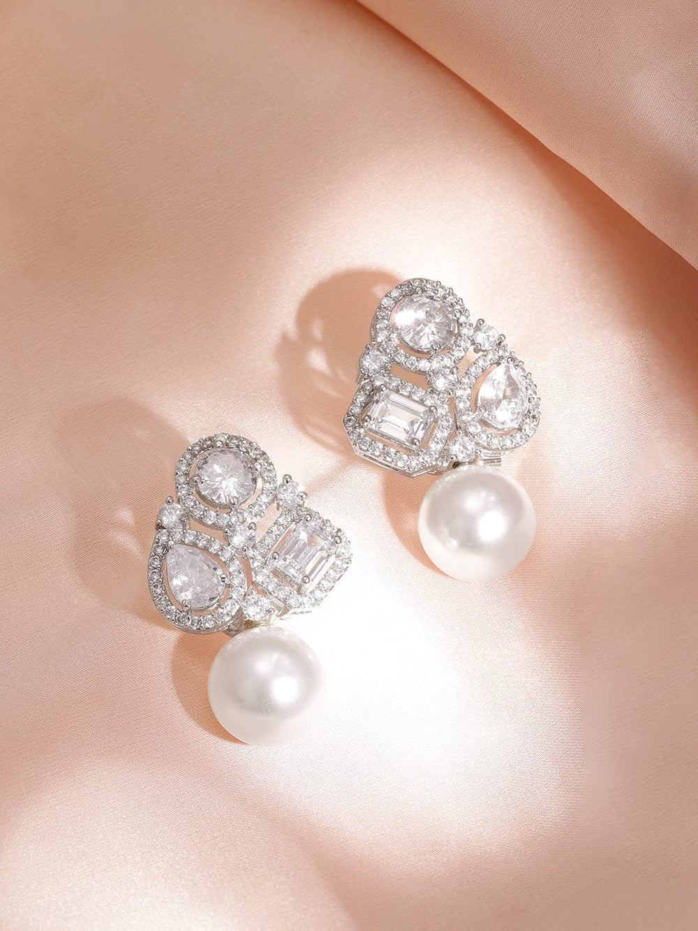 Rubans Silver Plated Cubic Zirconia & AD Studded White Beaded Floral Drop Earrings Earrings