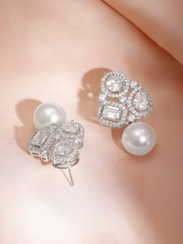 Rubans Silver Plated Cubic Zirconia & AD Studded White Beaded Floral Drop Earrings Earrings