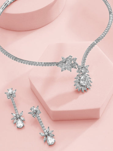 Rubans Silver-Plated Cubic Zirconia-Studded Floral Statement Choker Jewellery Set Jewellery Set