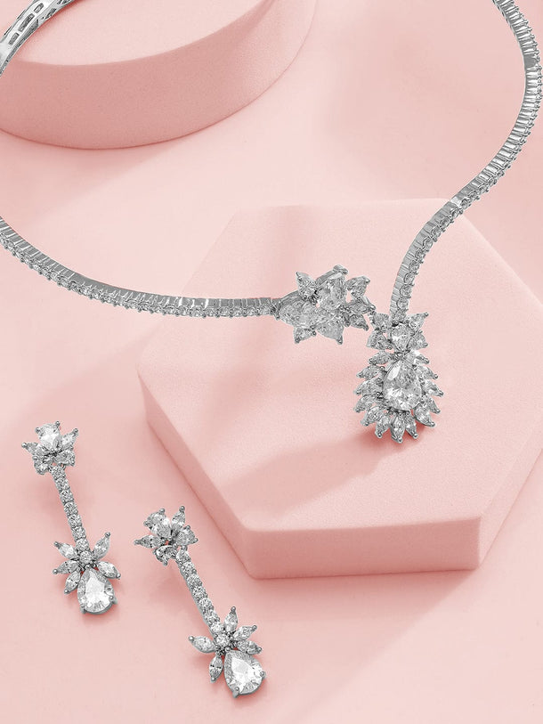 Rubans Silver-Plated Cubic Zirconia-Studded Floral Statement Choker Jewellery Set Jewellery Set
