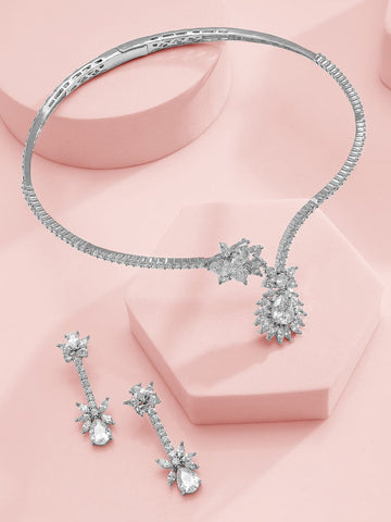 Rubans Silver-Plated Cubic Zirconia-Studded Floral Statement Choker Jewellery Set Jewellery Set
