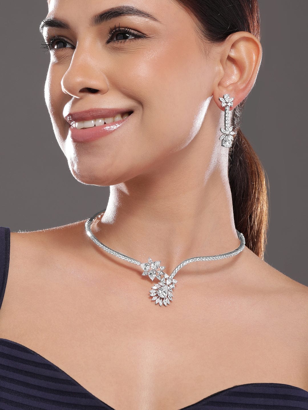 Rubans Silver-Plated Cubic Zirconia-Studded Floral Statement Jewellery Set Necklace Set