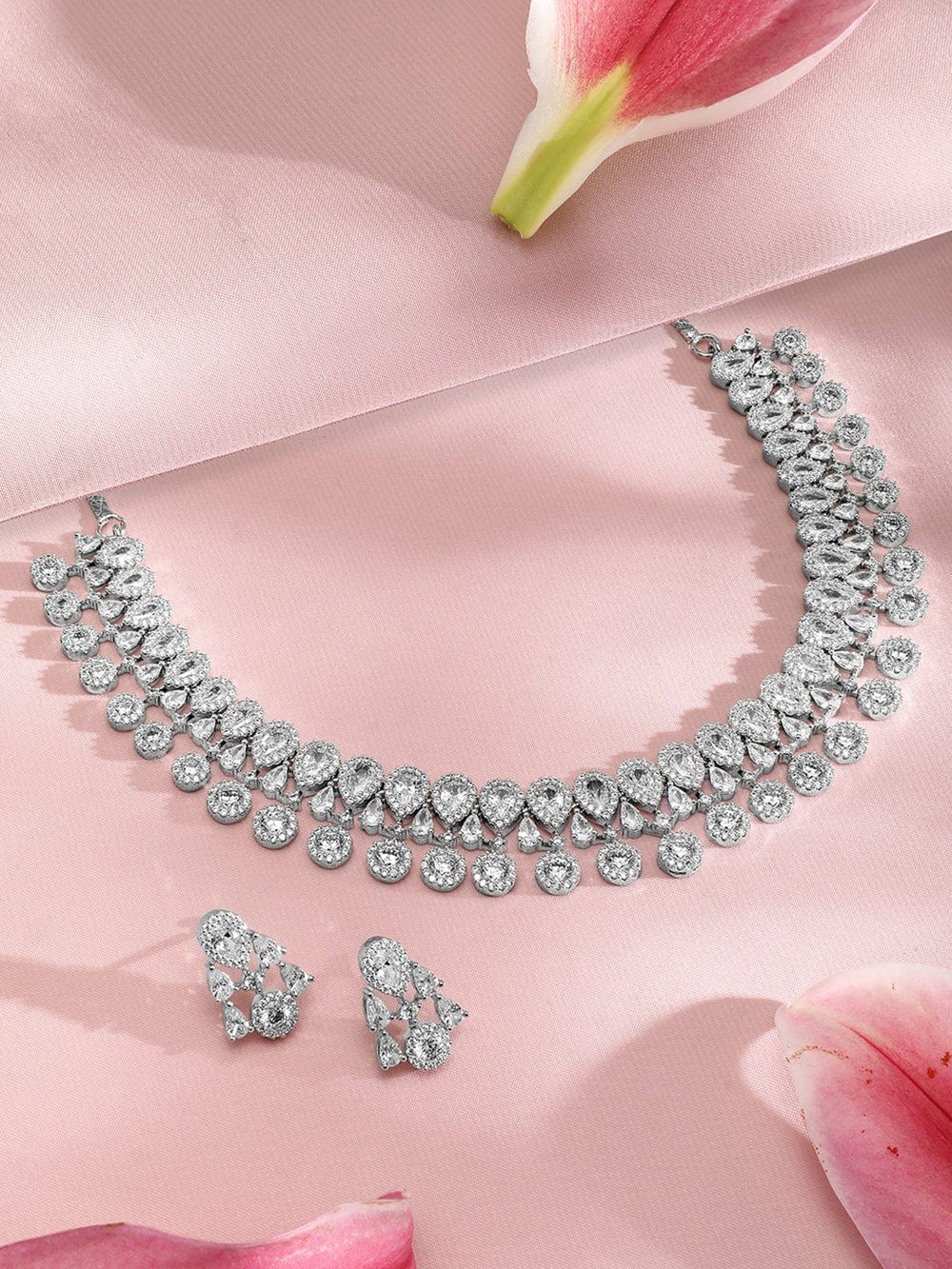 Rubans Silver-Plated Cubic Zirconia Studded Jewellery Set Necklace Set