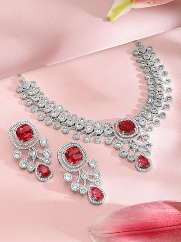 Rubans Silver-Plated Cubic Zirconia Studded Premium Jewellery Set Necklace Set