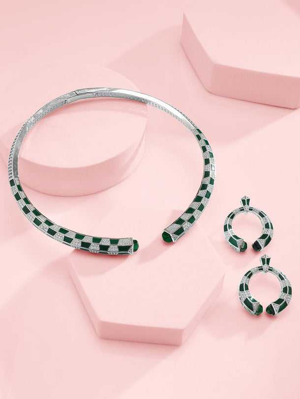 Rubans Silver-Plated CZ-Studded Statement Luxurious Choker Set Jewellery Set
