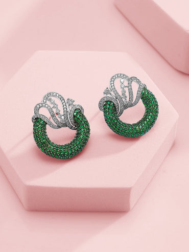 Rubans Silver-Plated Emerald Green & AAA Cubic Zirconia Statement Necklace Set with Artistic Wave Design Jewellery Set