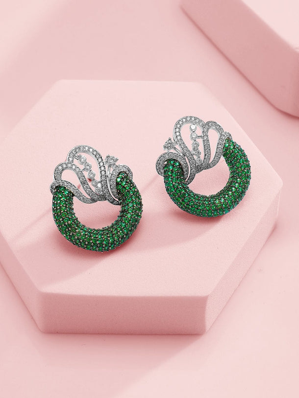Rubans Silver-Plated Emerald Green & AAA Cubic Zirconia Statement Necklace Set with Artistic Wave Design Jewellery Set