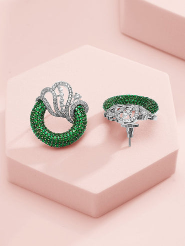 Rubans Silver-Plated Emerald Green & AAA Cubic Zirconia Statement Necklace Set with Artistic Wave Design Jewellery Set
