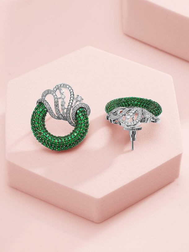 Rubans Silver-Plated Emerald Green & AAA Cubic Zirconia Statement Necklace Set with Artistic Wave Design Jewellery Set