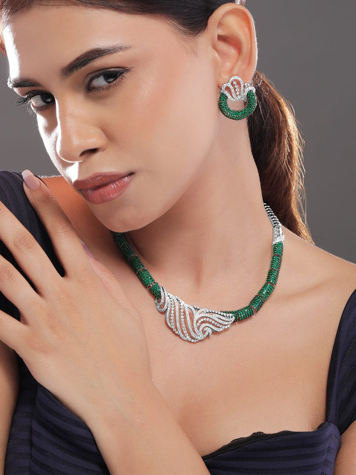 Rubans Silver-Plated Emerald Green & AAA Cubic Zirconia Statement Necklace Set with Artistic Wave Design Necklace set