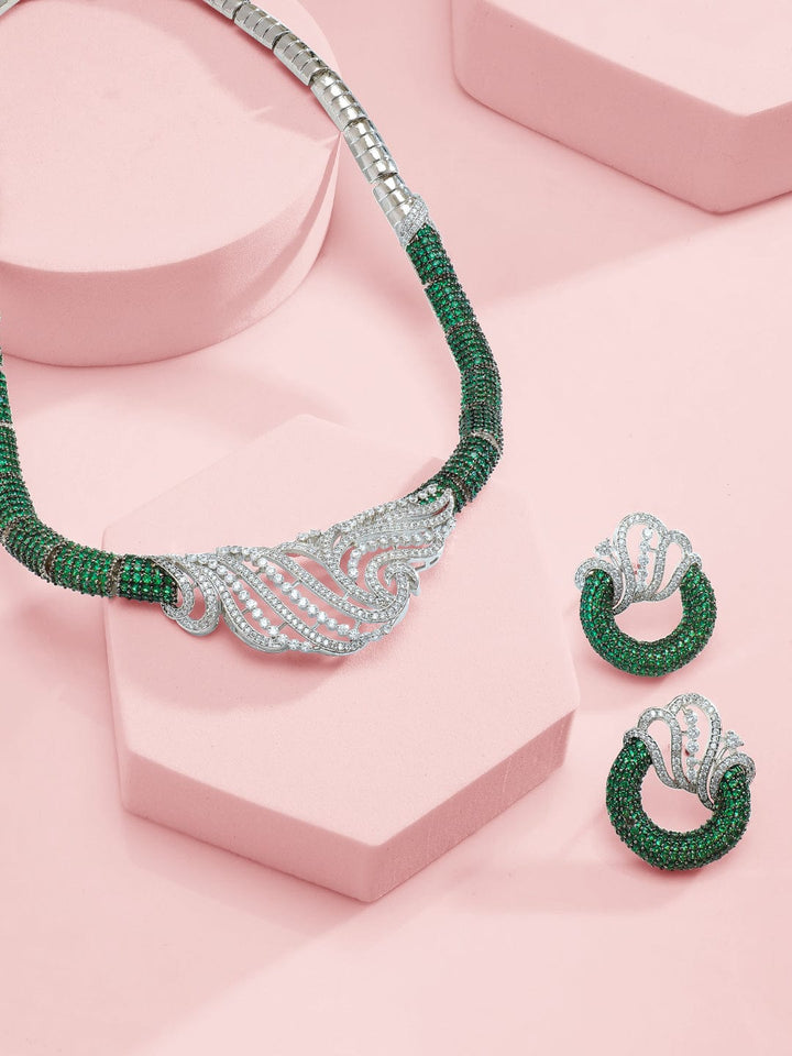 Rubans Silver-Plated Emerald Green & AAA Cubic Zirconia Statement Necklace Set with Artistic Wave Design Necklace set