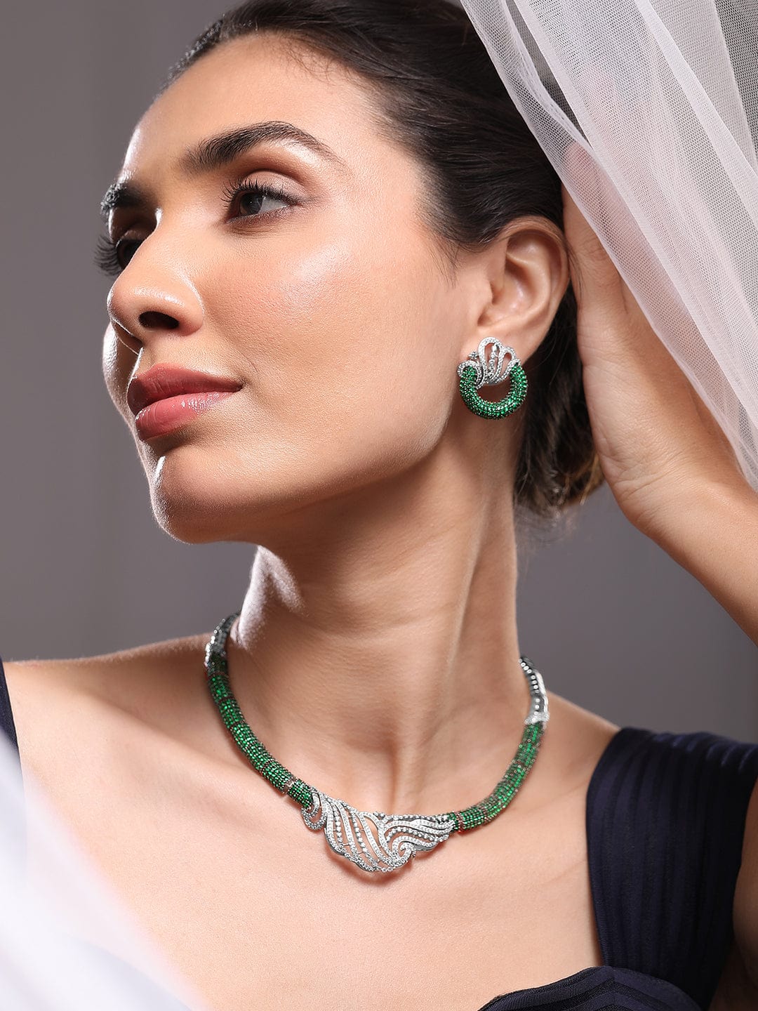 Rubans Silver-Plated Emerald Green & AAA Cubic Zirconia Statement Necklace Set with Artistic Wave Design Necklace set